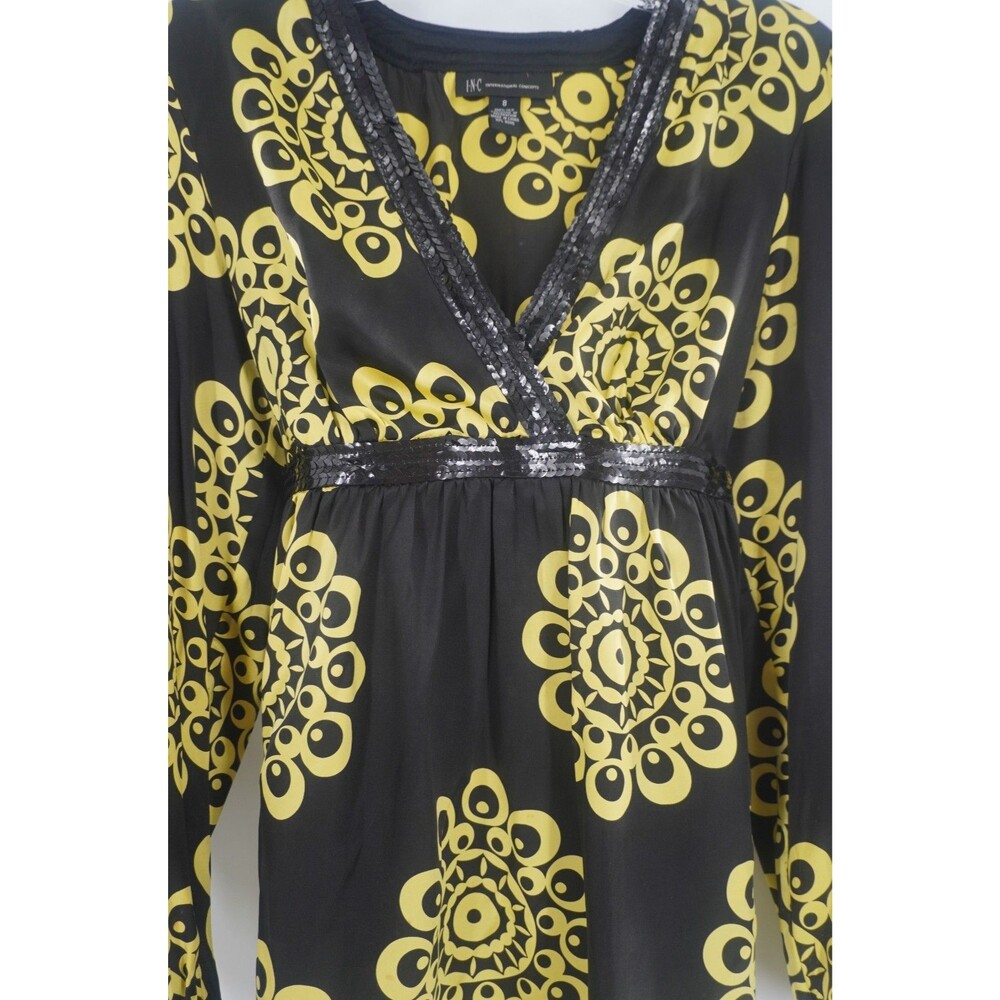 INC International Concepts Black Yellow 100% Silk Sequin V-Neck Blouse Size 8